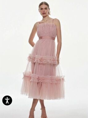 KAREN MILLEN Tulle Tiered Midi Dress in Blush pink, Size 4, NWT